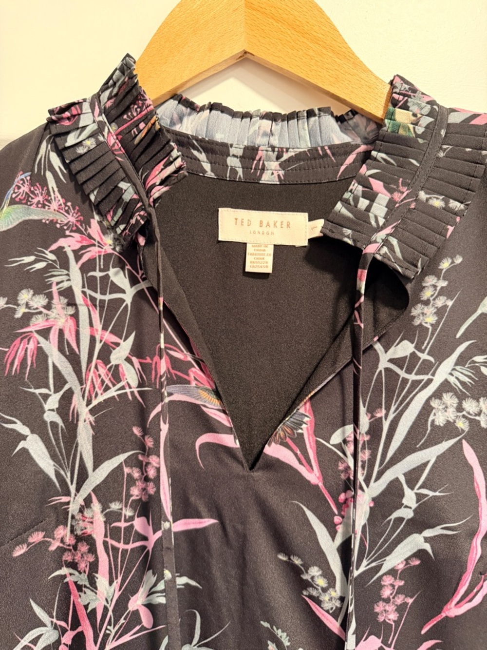 Ted Baker London Black Mini Dress with Pink and Green Botanical Print - Picture 2 of 7